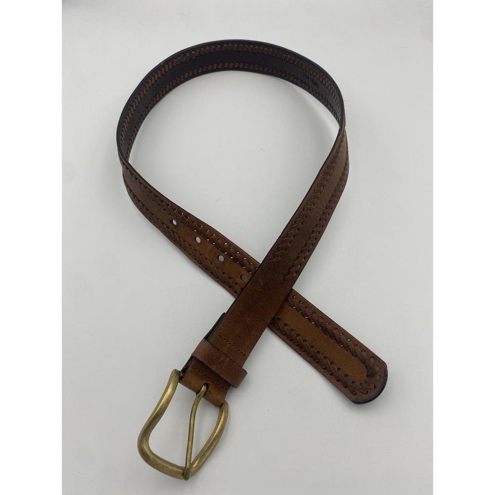 Brown 1.5" Leather Belt‎ Brass Buckle 37 inch/96 CM Detailed Nice!